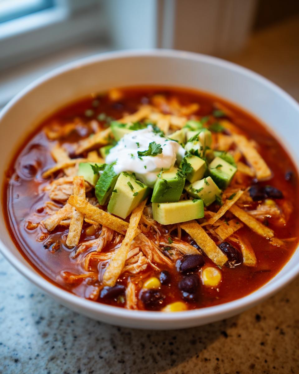Close-up of a bowl of rich, red slow cooker chicken tortilla soup topped with shredded chicken, avocado, sour cream, and tortilla strips.