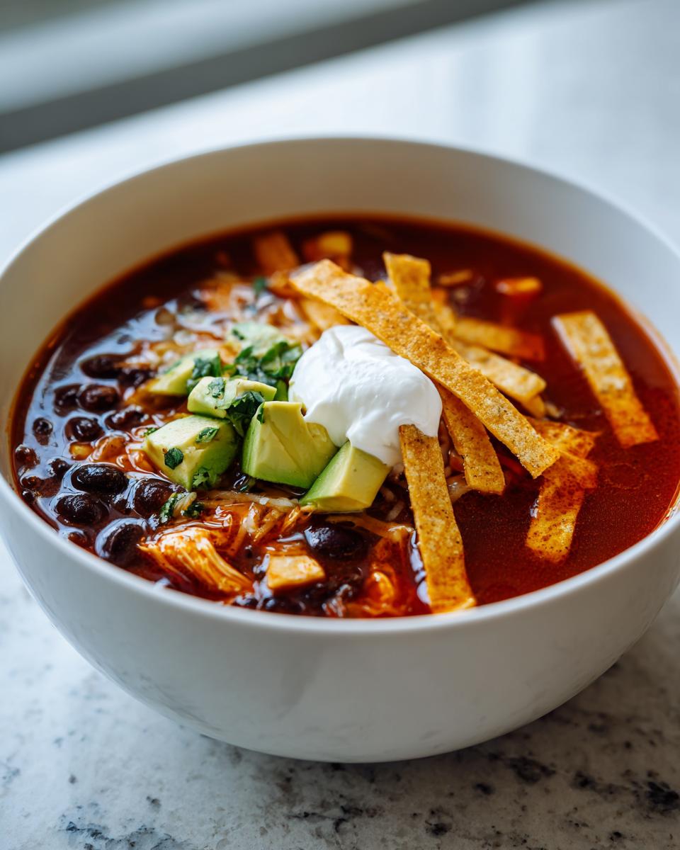 A close-up of a white bowl filled with rich, red slow cooker chicken tortilla soup, topped with avocado, sour cream, and tortilla strips.