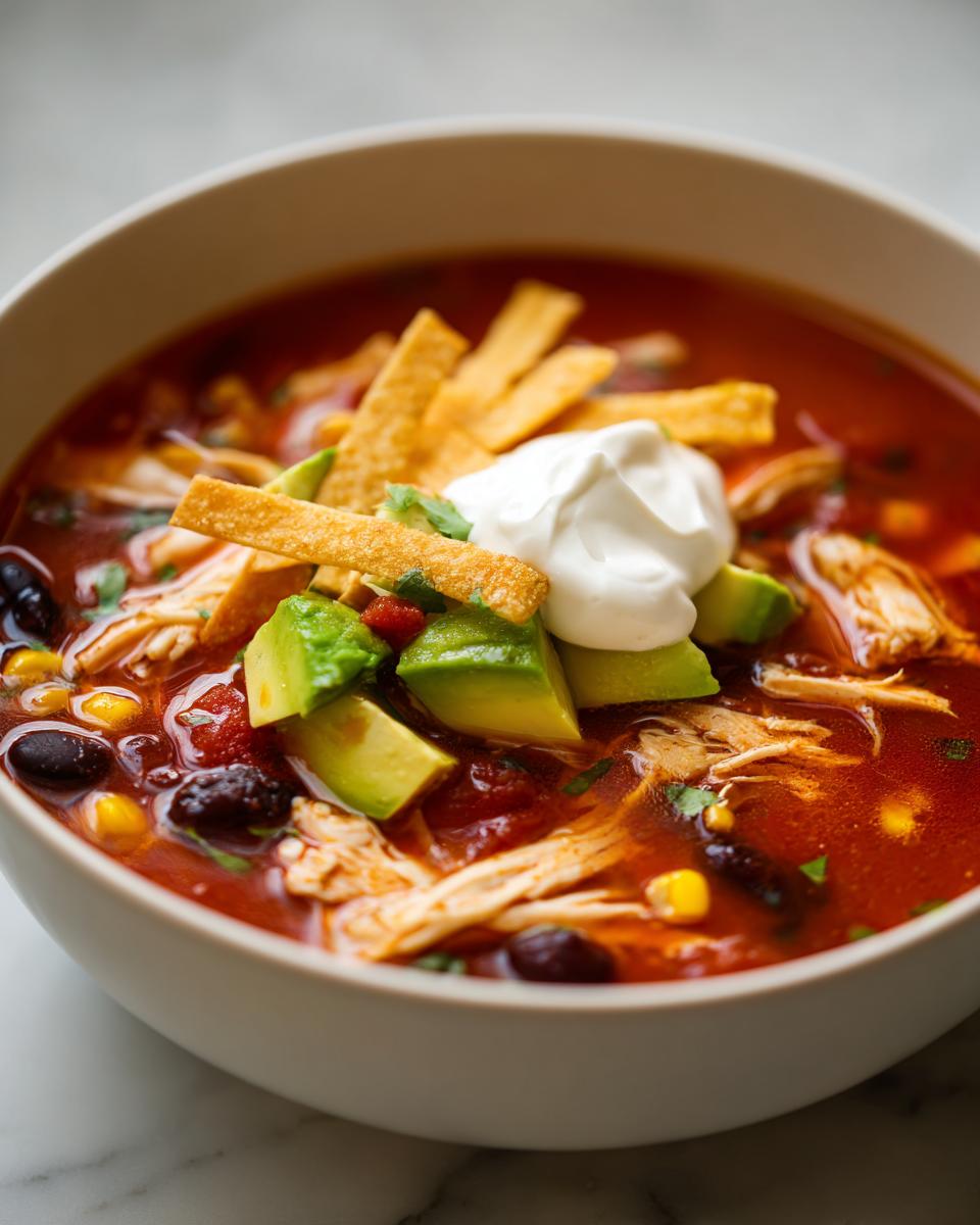 Close-up of a bowl of slow cooker chicken tortilla soup topped with avocado, sour cream, and tortilla strips.