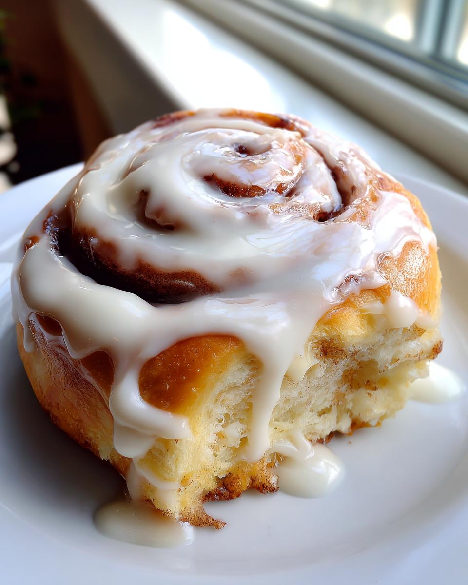 Close-up of a soft gluten free cinnamon rolls recipe roll covered in dripping white icing on a white plate.