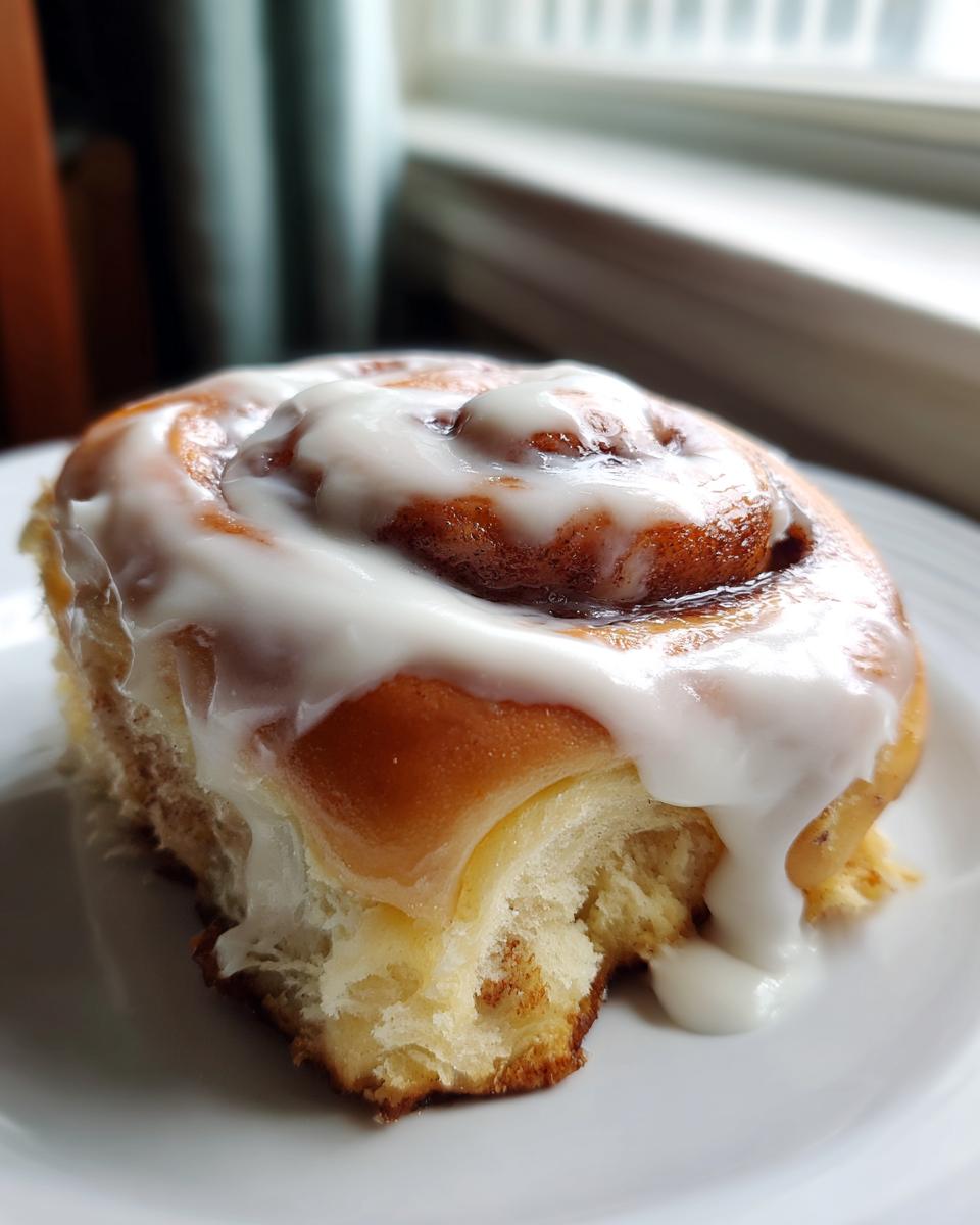 Close-up of a soft, freshly baked gluten free cinnamon roll topped with thick white icing.
