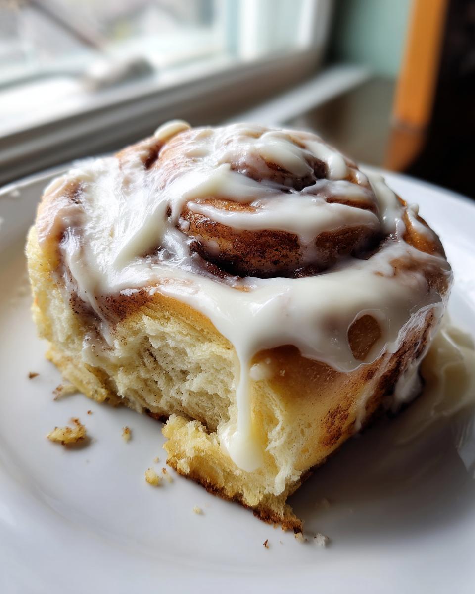 A close-up of a soft, freshly baked gluten free cinnamon roll generously topped with white cream cheese icing.