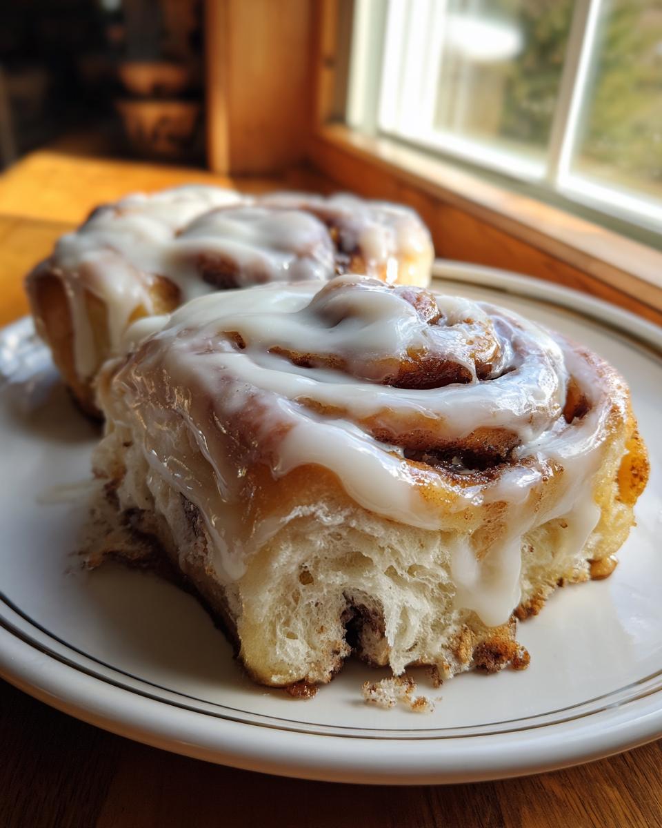 Close-up of a soft gluten free cinnamon roll, broken open to show the texture, covered in white icing.