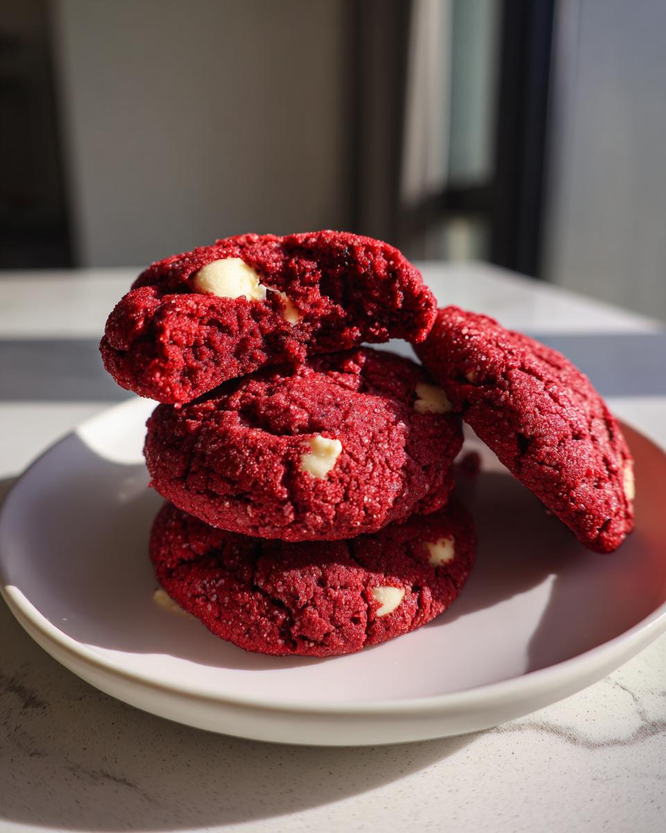 A stack of three vibrant red velvet cake mix cookies with visible white chocolate chips, one cookie broken open on top.