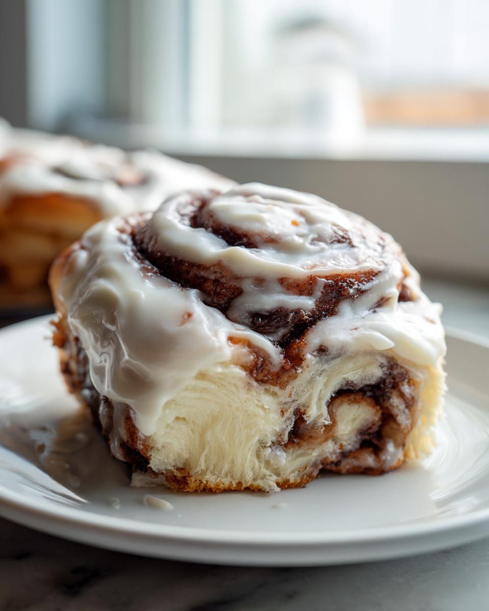 Close-up of a fluffy sour dough cinnamon roll generously topped with white cream cheese icing on a white plate.