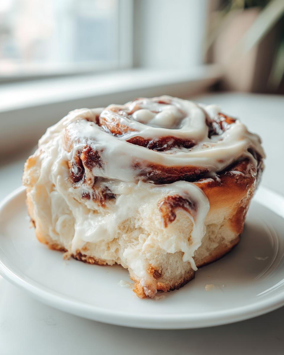 A close-up of a single, fluffy sour dough cinnamon roll recipe topped with thick white cream cheese frosting, sitting on a white plate.
