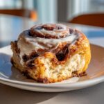 A close-up of a single, freshly baked sour dough cinnamon roll topped with thick white icing.