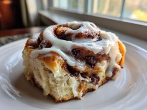 A close-up of a single, fluffy sourdough cinnamon roll topped generously with white cream cheese icing.