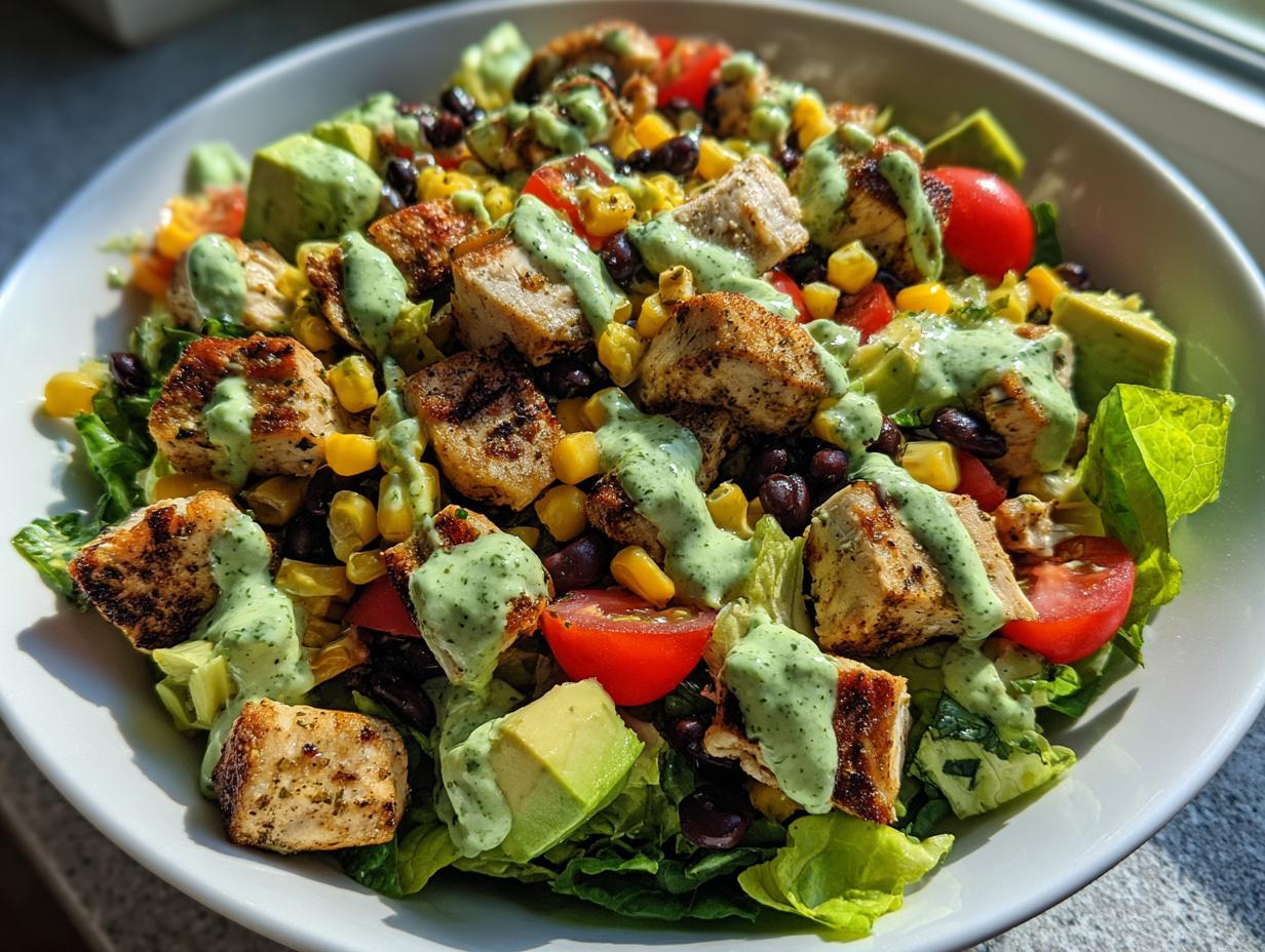 Close-up of a vibrant Southwest salad featuring grilled chicken, black beans, corn, avocado, and a creamy green dressing.