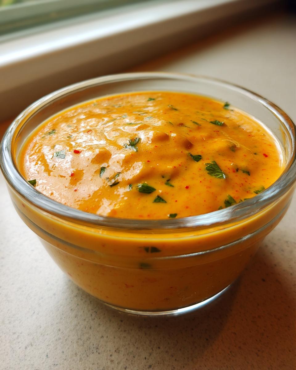 Close-up of creamy, orange-hued southwest salad dressing topped with green herbs in a clear glass bowl.