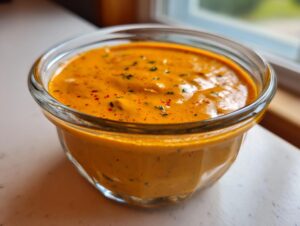 Close-up of creamy, orange-hued southwest salad dressing sprinkled with herbs in a clear glass bowl.