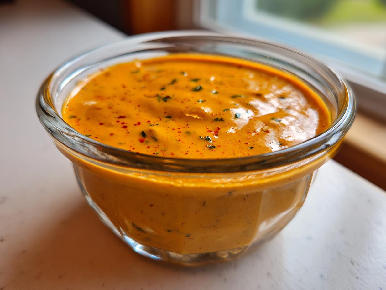 Close-up of creamy, orange-hued southwest salad dressing sprinkled with herbs in a clear glass bowl.