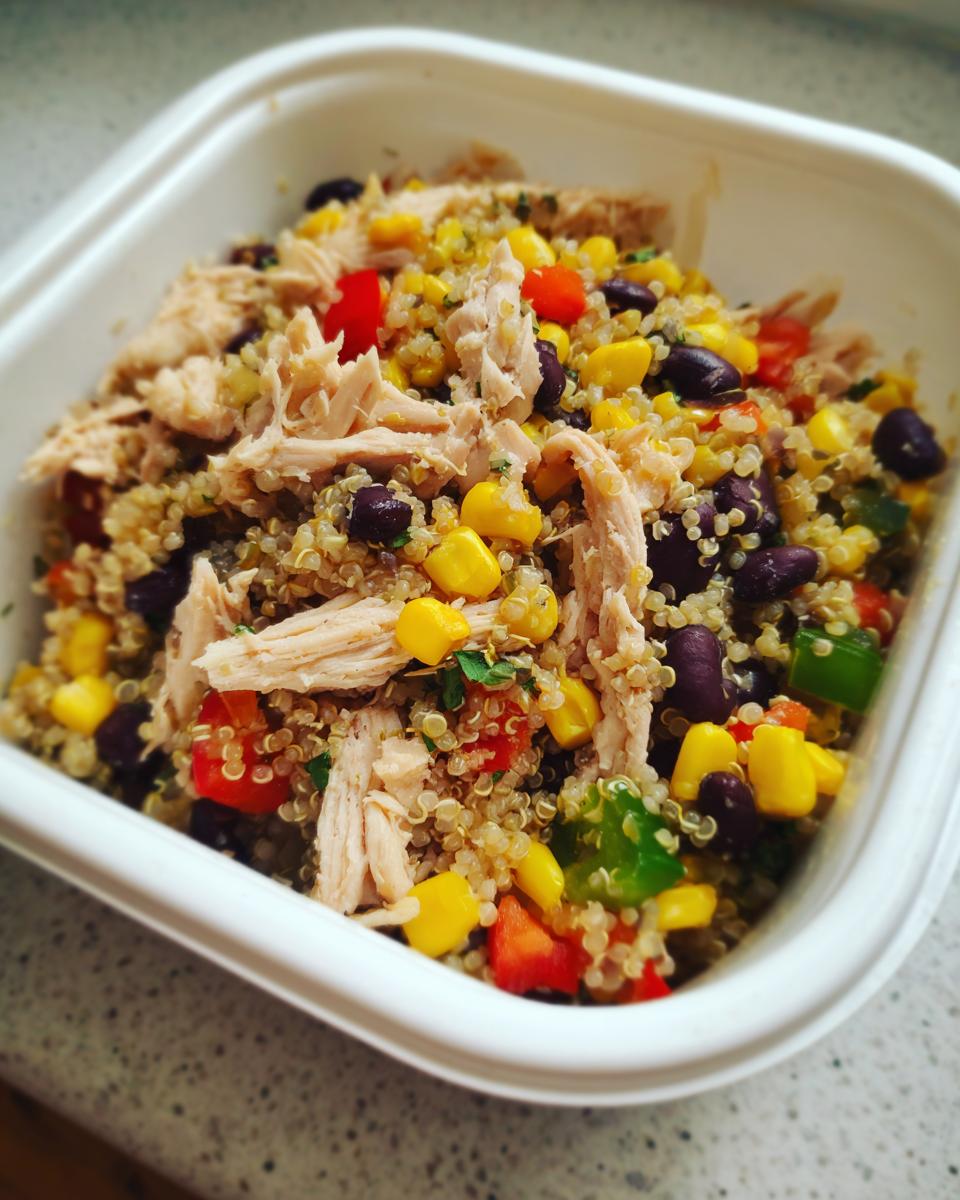 Close-up of a portion of southwest salad meal prep featuring shredded chicken, quinoa, black beans, corn, and peppers in a white container.