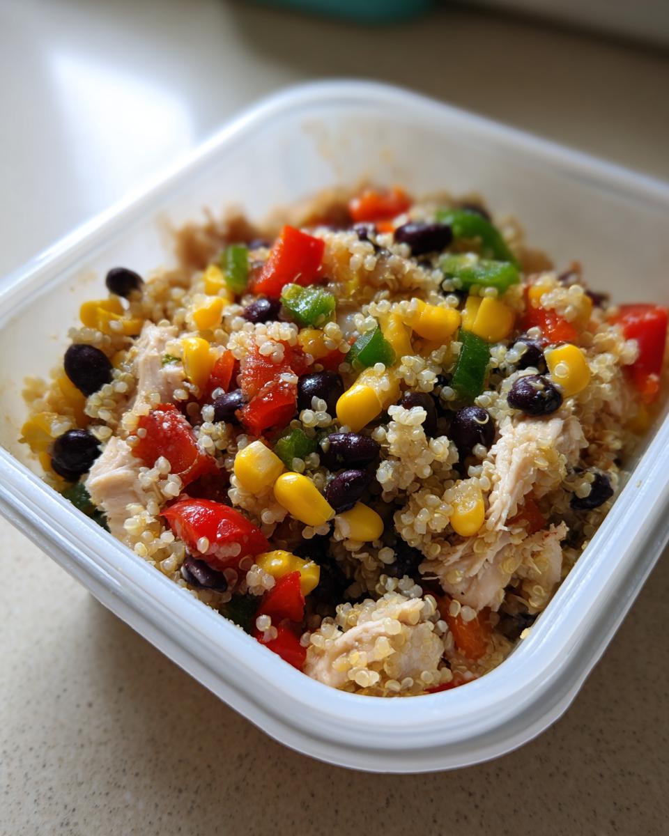 Close-up of a southwest salad meal prep container filled with quinoa, chicken, black beans, corn, and peppers.