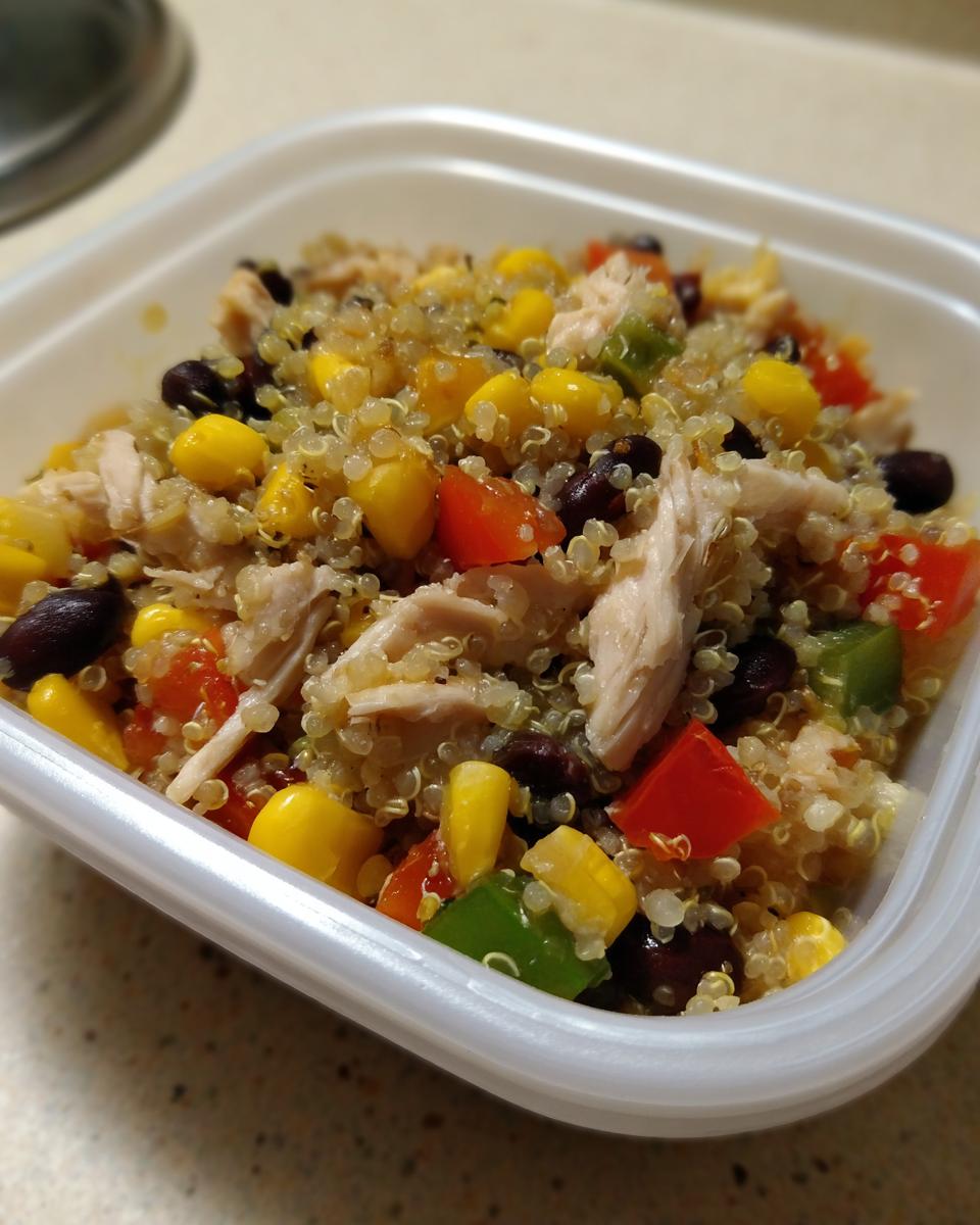 Close-up of a southwest salad meal prep container filled with quinoa, shredded chicken, black beans, corn, and peppers.