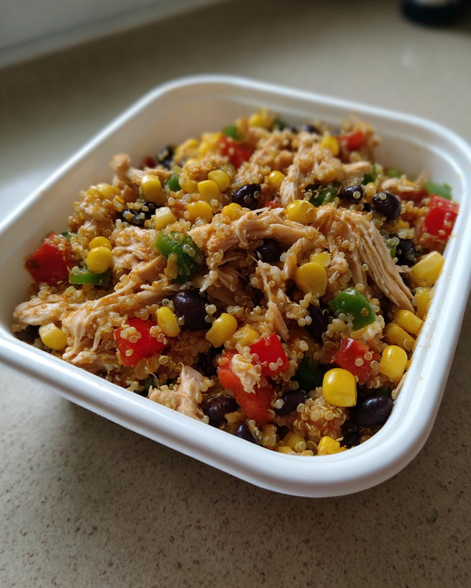 A portion of southwest salad meal prep featuring shredded chicken, quinoa, corn, black beans, and peppers in a white container.