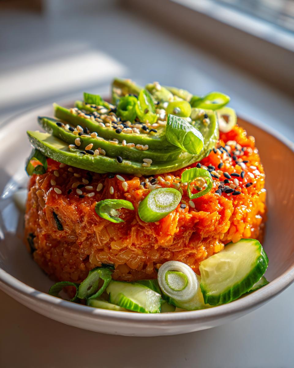 Close-up of a perfectly molded spicy crab sushi bowl topped with sliced avocado, sesame seeds, and green onions.