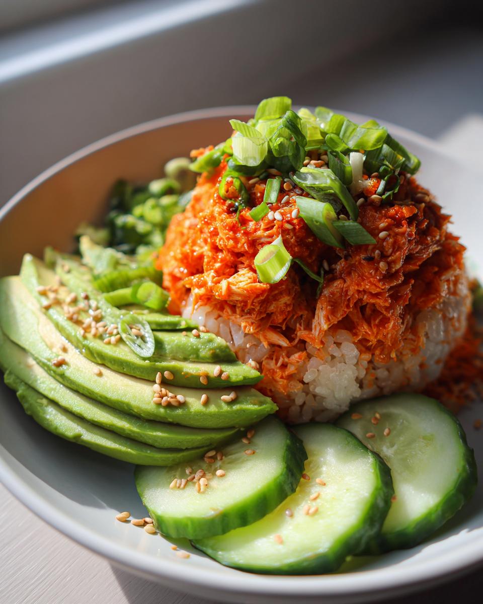 A vibrant spicy crab sushi bowl featuring a mound of spicy crab mix over rice, garnished with sliced avocado, cucumber, and green onions.
