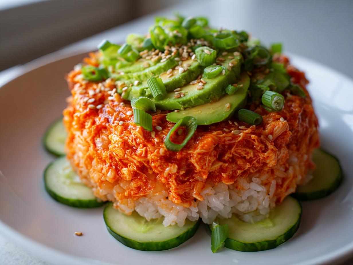 A perfectly formed spicy crab sushi bowl layered over rice, topped with sliced avocado, scallions, and sesame seeds.