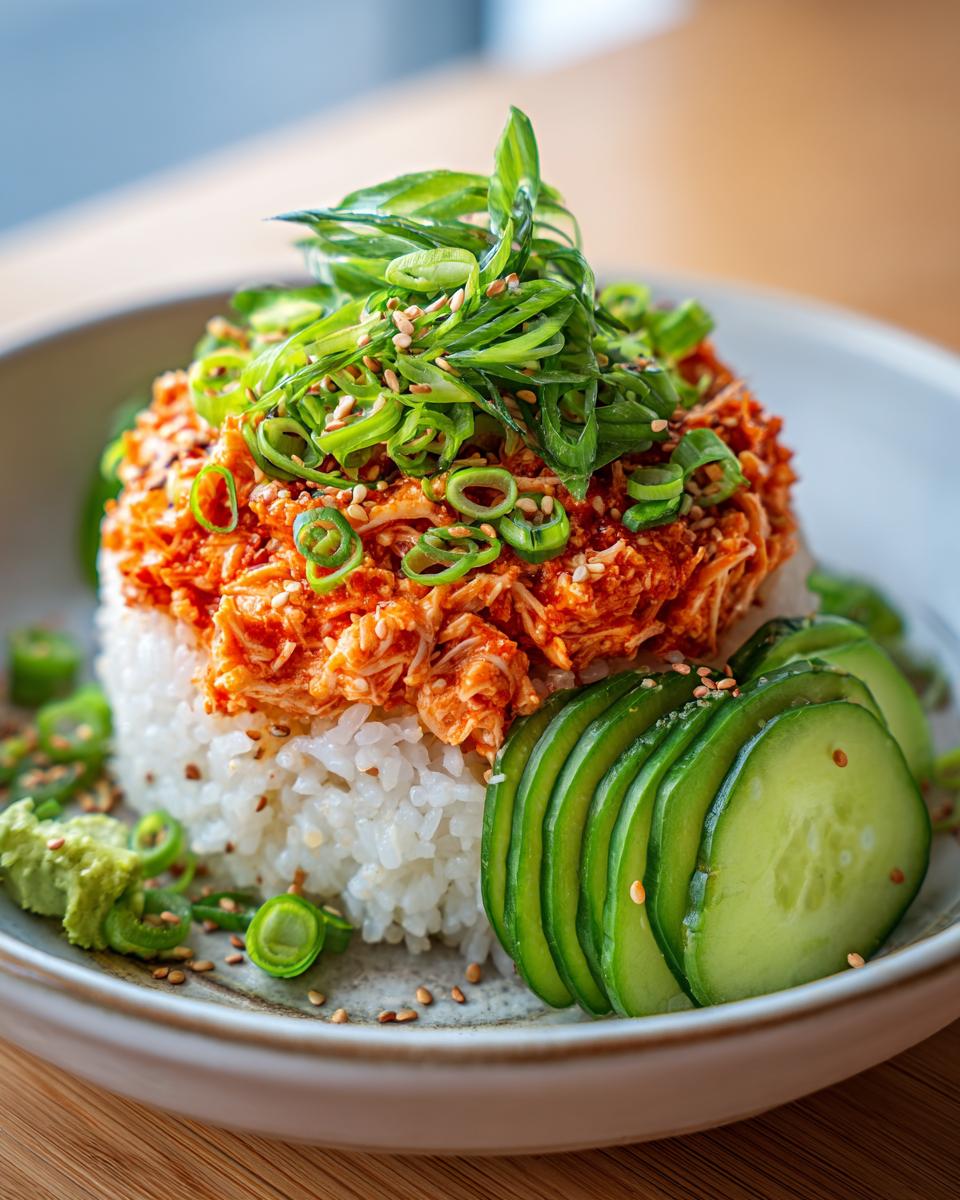 A close-up of a spicy crab sushi bowl featuring white rice topped with orange spicy crab mix, green onions, and sesame seeds.