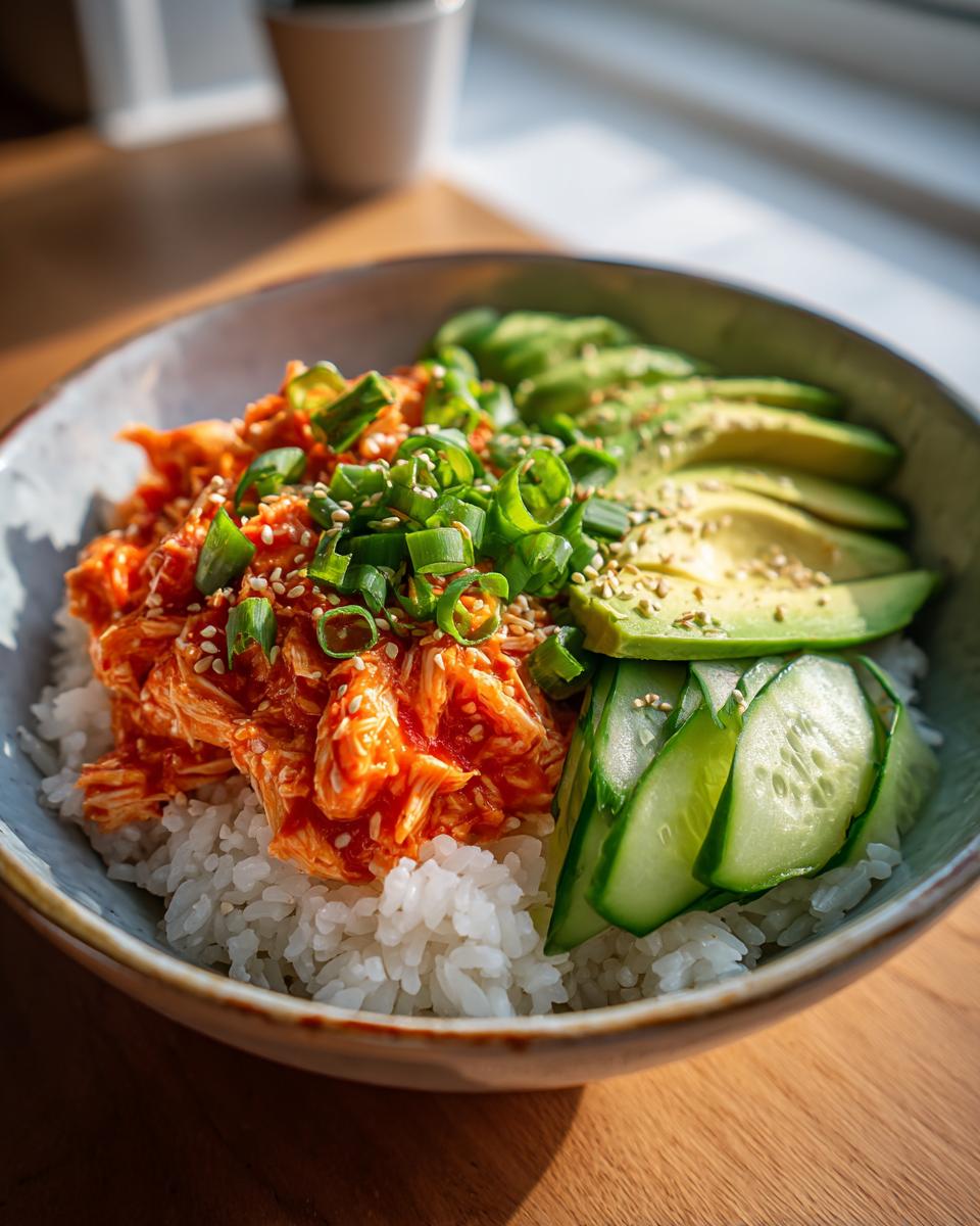 Close-up of a spicy crab sushi roll bowl featuring rice topped with spicy crab mix, sliced avocado, and cucumber.