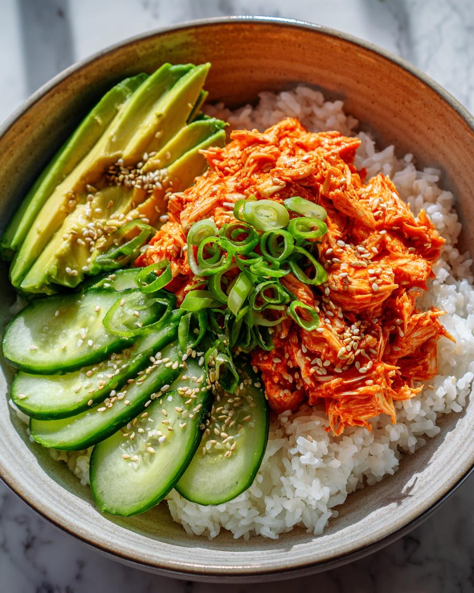 Close-up of a spicy crab sushi roll bowl featuring shredded spicy crab mix over rice, topped with sliced avocado, cucumber, and sesame seeds.