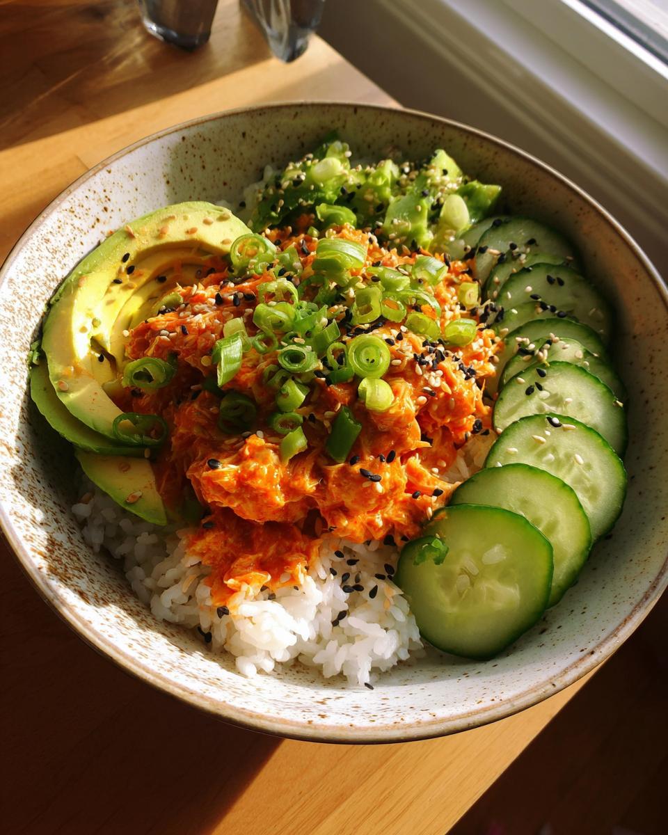 Close-up of a spicy crab sushi roll bowl featuring white rice topped with orange spicy crab mix, avocado slices, and cucumber rounds.