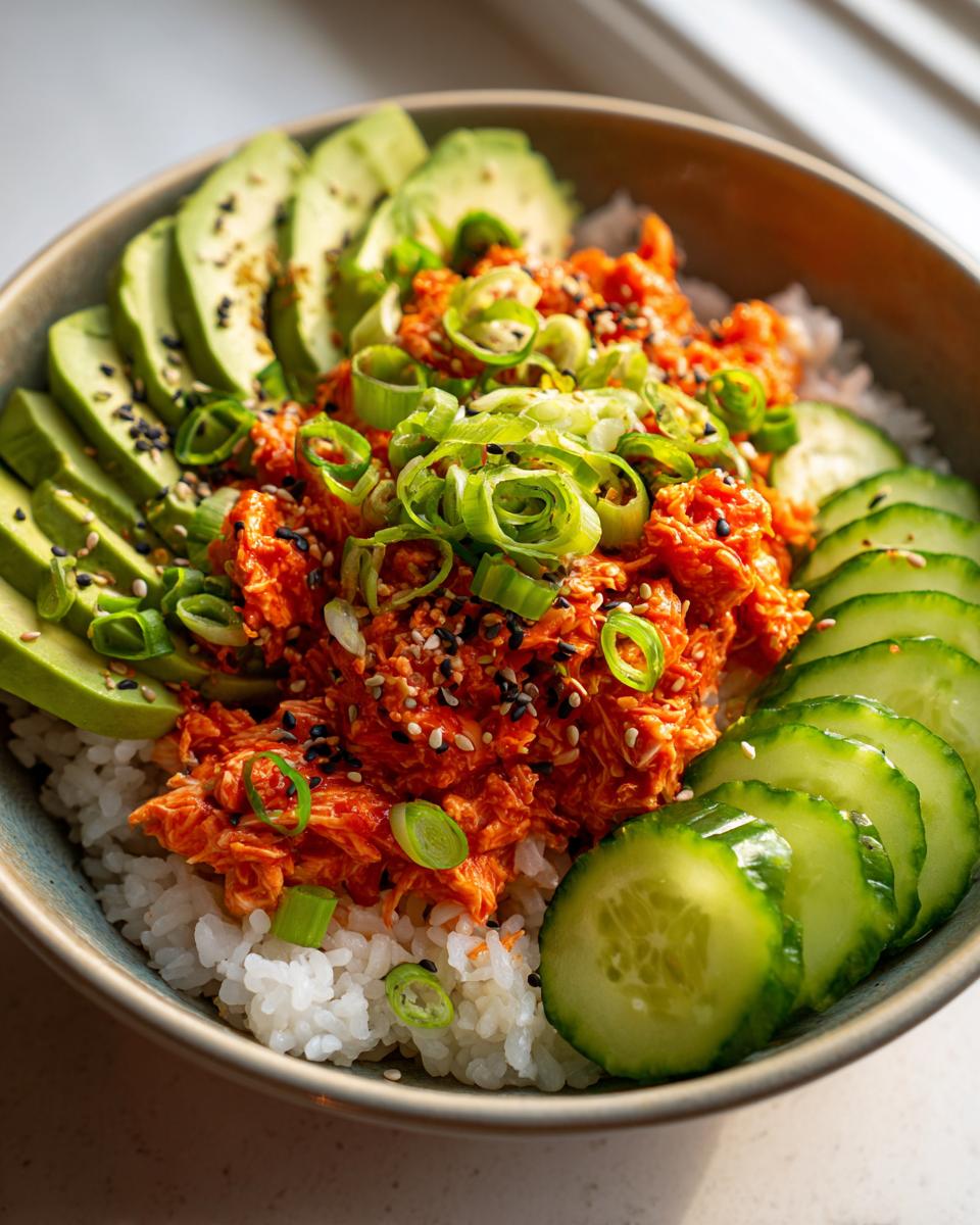 Close-up of a spicy crab sushi roll bowl featuring rice topped with orange spicy crab mix, sliced avocado, cucumbers, and green onions.