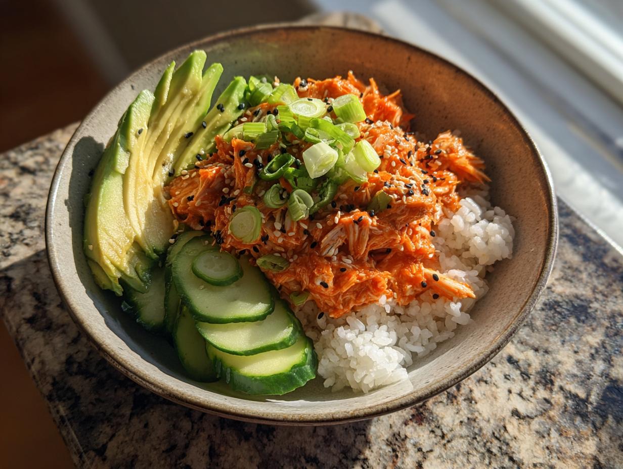A close-up of a spicy crab sushi roll bowl featuring rice, bright orange spicy crab mix, sliced avocado, and cucumber.