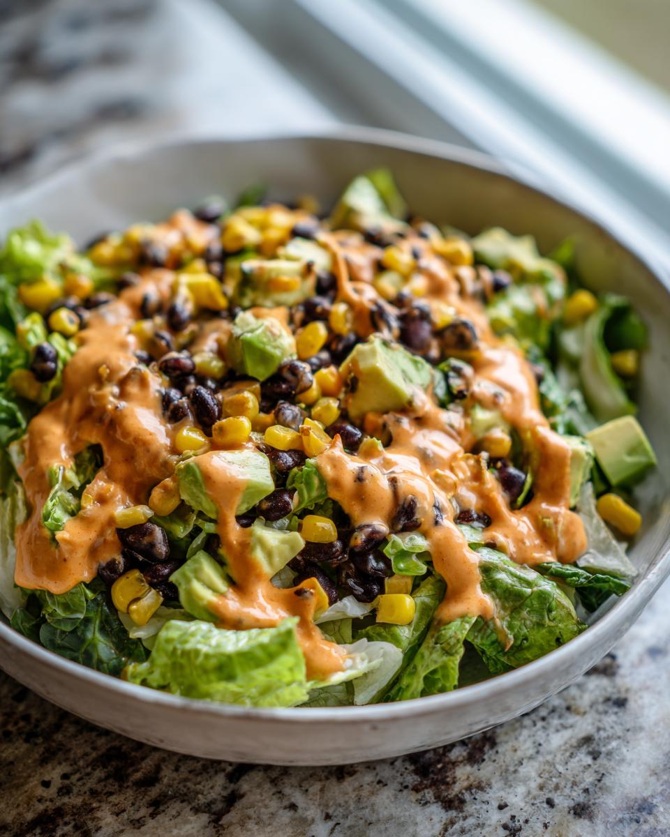 A bowl of spicy southwest salad featuring lettuce, black beans, corn, avocado, and drizzled with a creamy orange dressing.