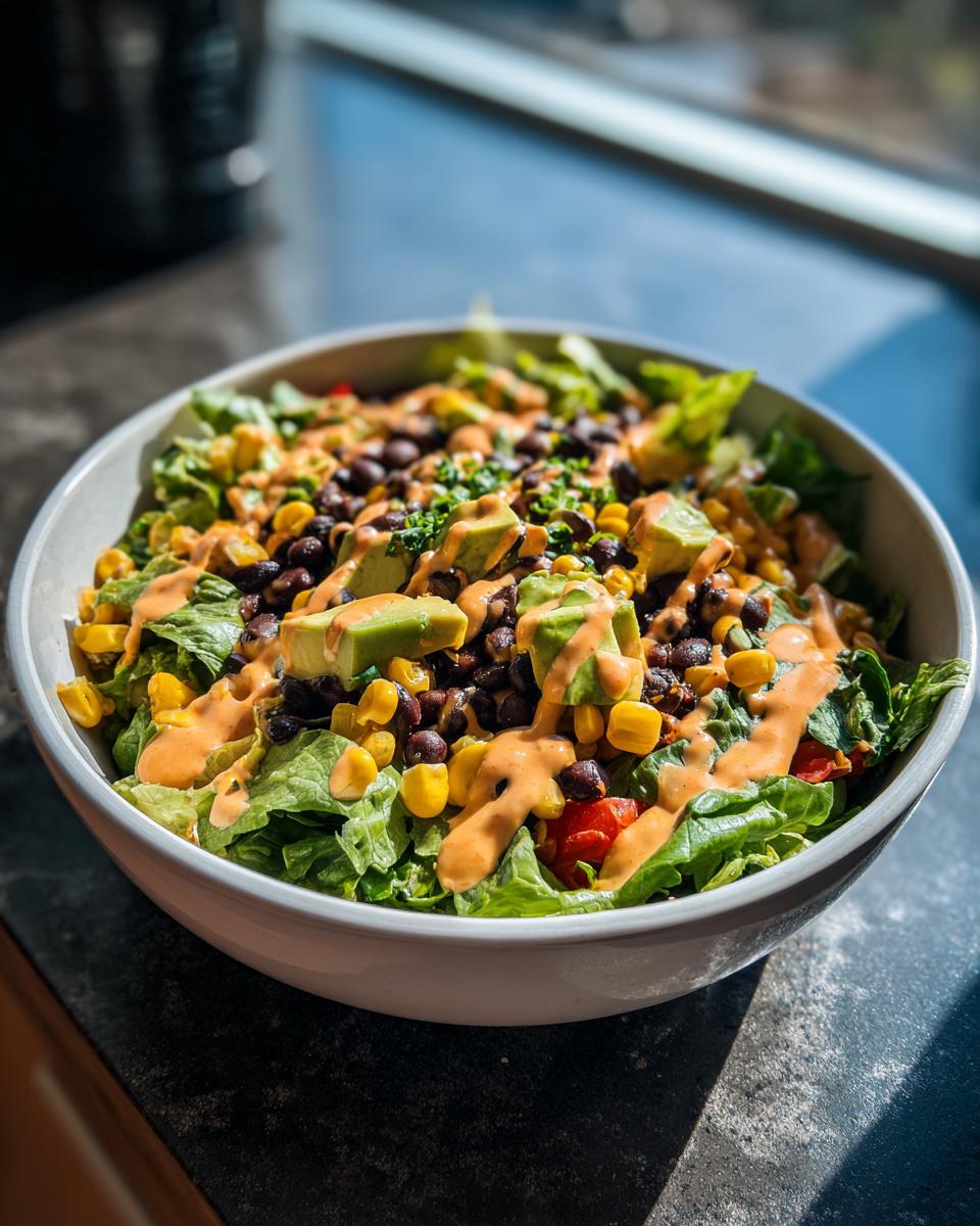 A bowl filled with a fresh spicy southwest salad featuring lettuce, black beans, corn, avocado, and drizzled with orange dressing.