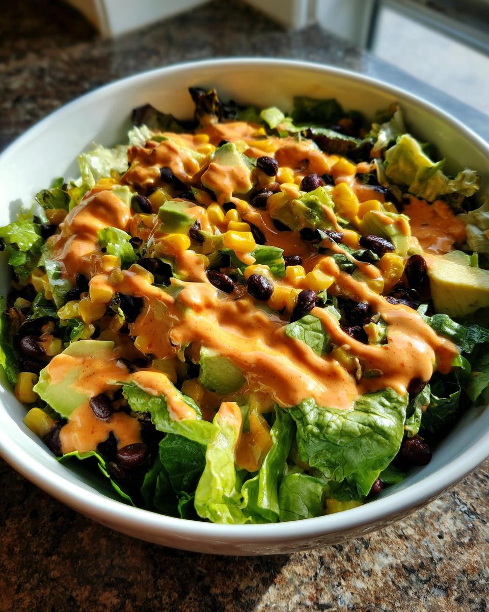 A vibrant bowl of spicy southwest salad featuring lettuce, black beans, corn, avocado, and a generous drizzle of orange dressing.