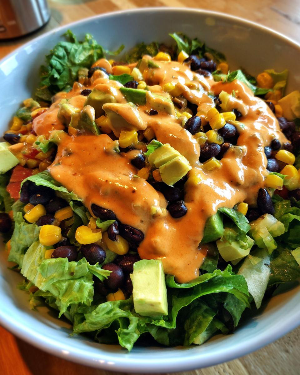 A close-up view of a vibrant spicy southwest salad topped with black beans, corn, avocado, and a creamy orange dressing.