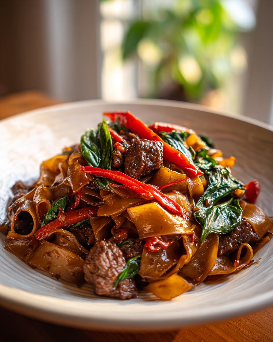 Close-up of a plate of spicy thai drunken noodles with beef, wide rice noodles, basil, and red chili peppers.