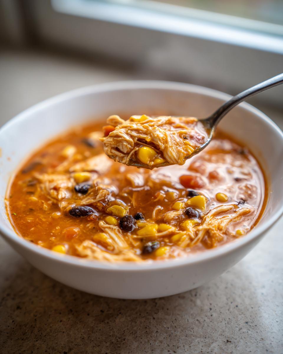 A spoonful lifted from a bowl of rich 7 can chicken taco soup, showing shredded chicken, corn, and black beans.