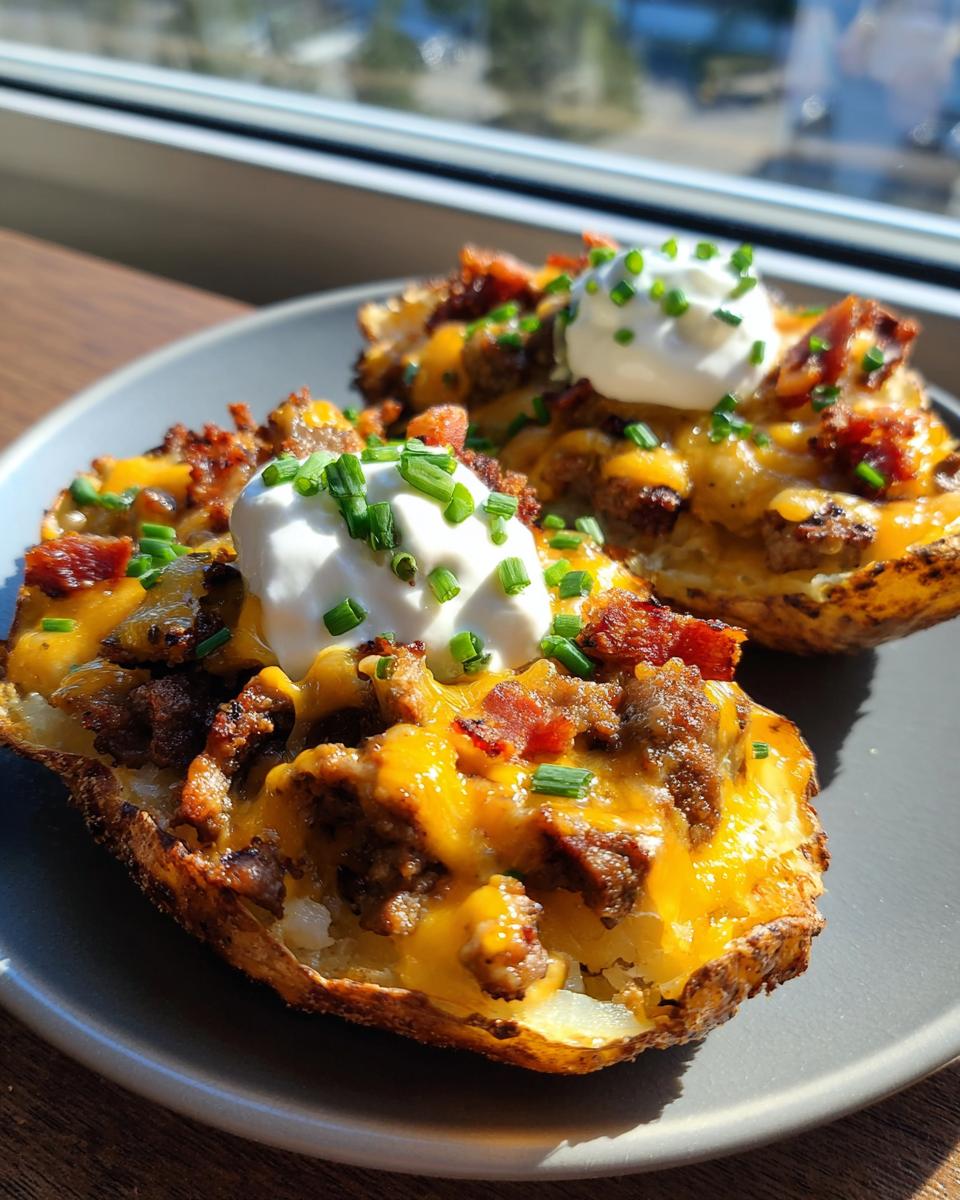 Two halves of steak loaded potato skins topped with melted cheddar cheese, ground steak, bacon bits, sour cream, and chives.