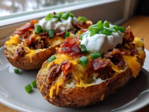 Two halves of baked potatoes filled with steak, melted cheddar cheese, bacon bits, sour cream, and green onions, representing steak loaded potato skins.