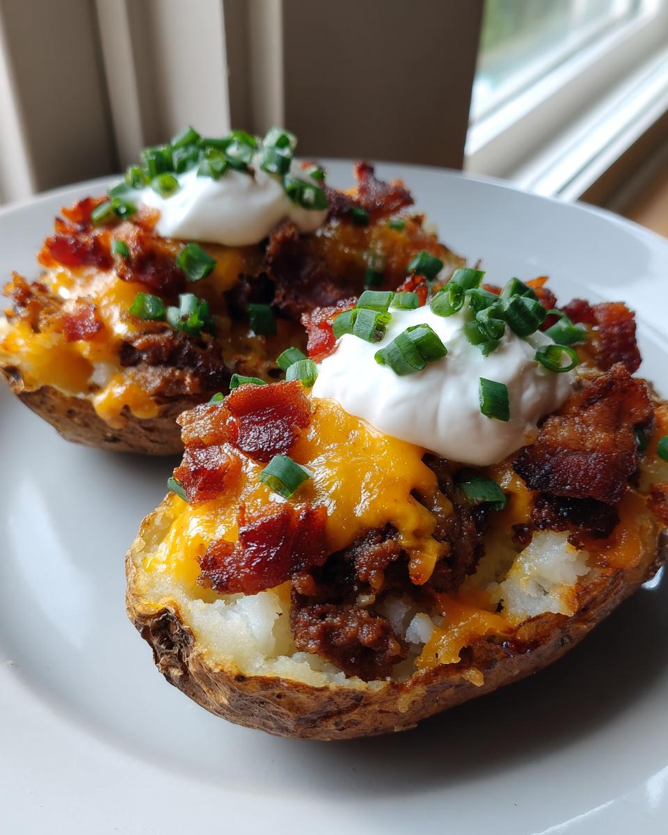 Two halves of steak loaded potato skins topped with melted cheese, bacon bits, sour cream, and chives.