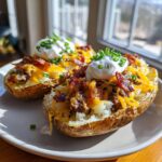 Two delicious steak loaded potato skins topped with cheese, bacon, sour cream, and chives.