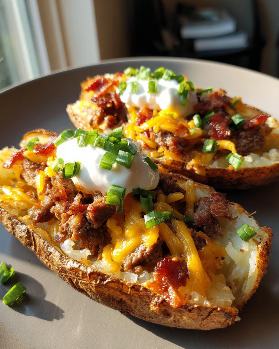 Two delicious steak loaded potato skins topped with melted cheese, bacon bits, sour cream, and chives.