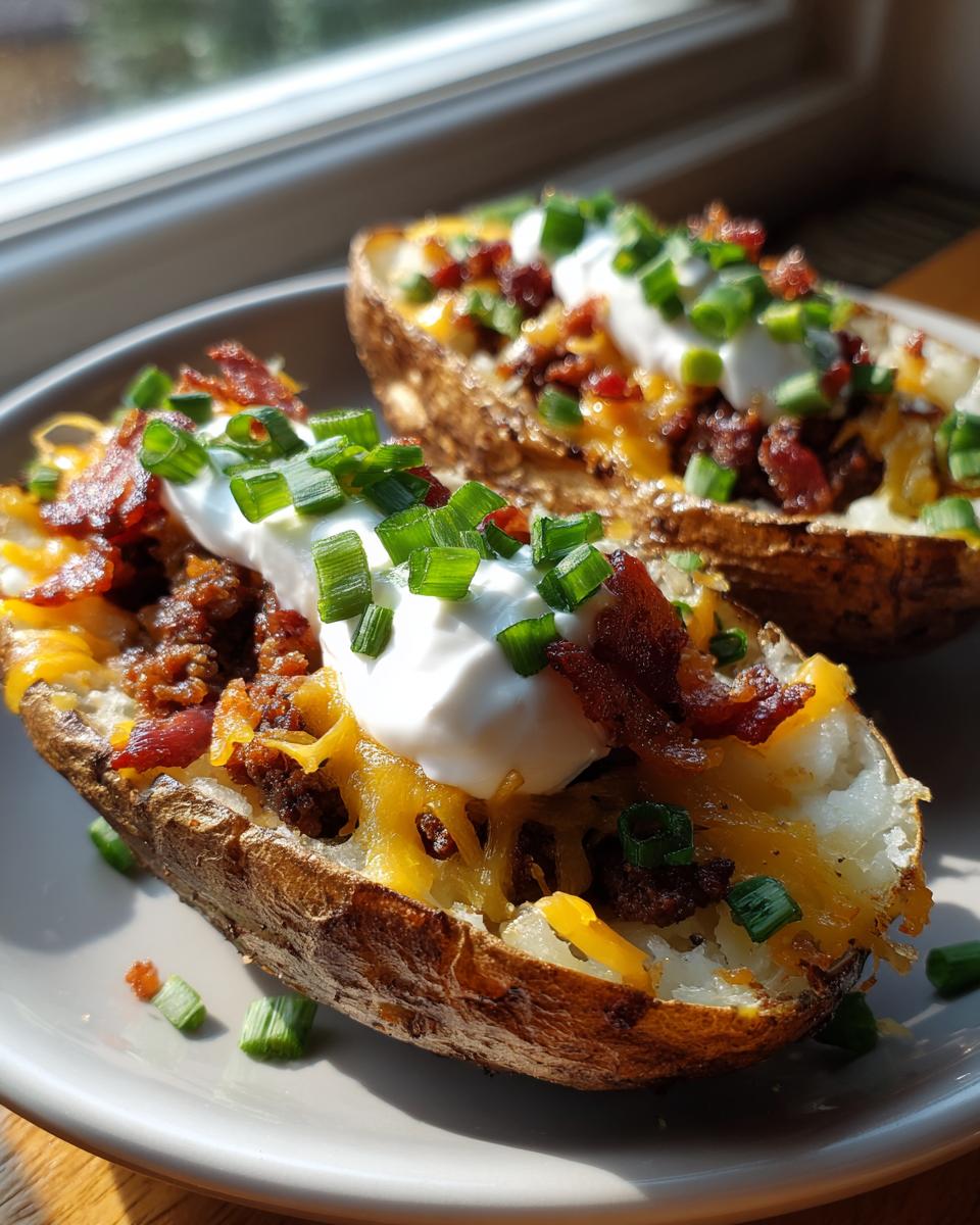 Two delicious steak loaded potato skins topped with melted cheddar, bacon bits, sour cream, and fresh green onions.