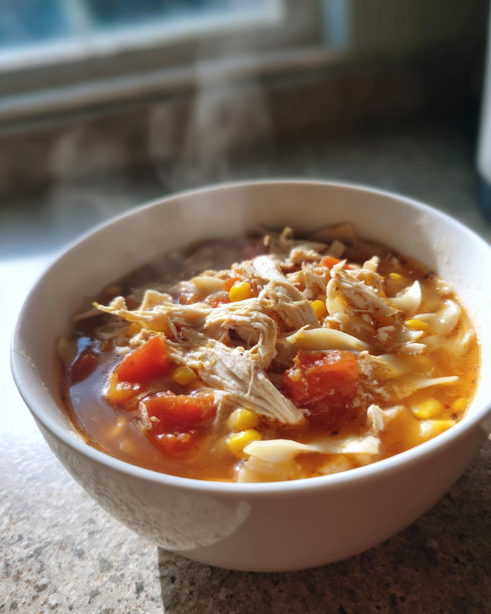 A steaming white bowl filled with chicken tortilla soup instant pot, featuring shredded chicken, tomatoes, and corn.