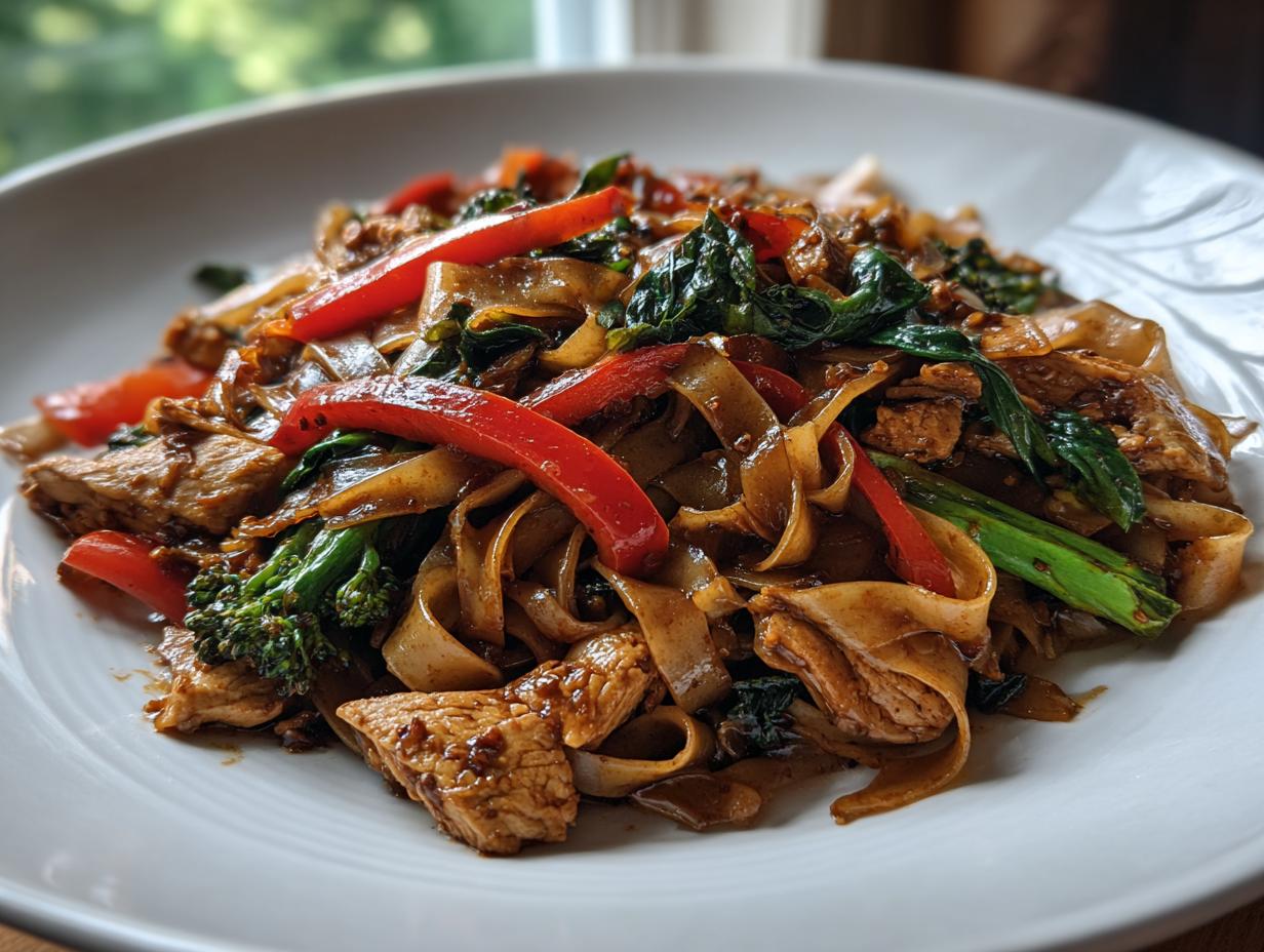 A close-up of a plate piled high with glossy street style thai drunken noodles, chicken, red peppers, and basil.