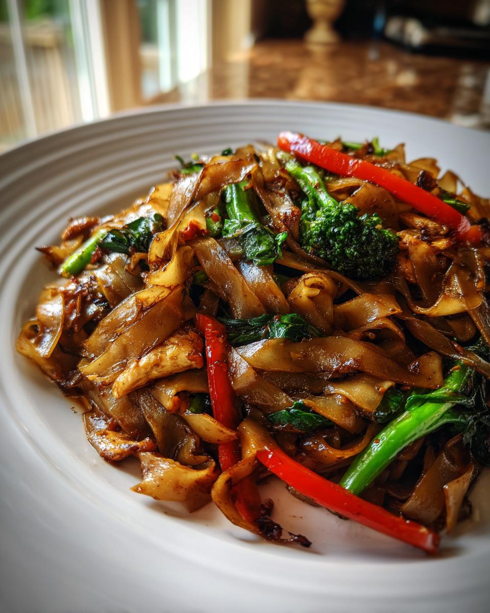 A close-up of glossy, dark brown street style thai drunken noodles mixed with broccoli and bright red chili peppers on a white plate.