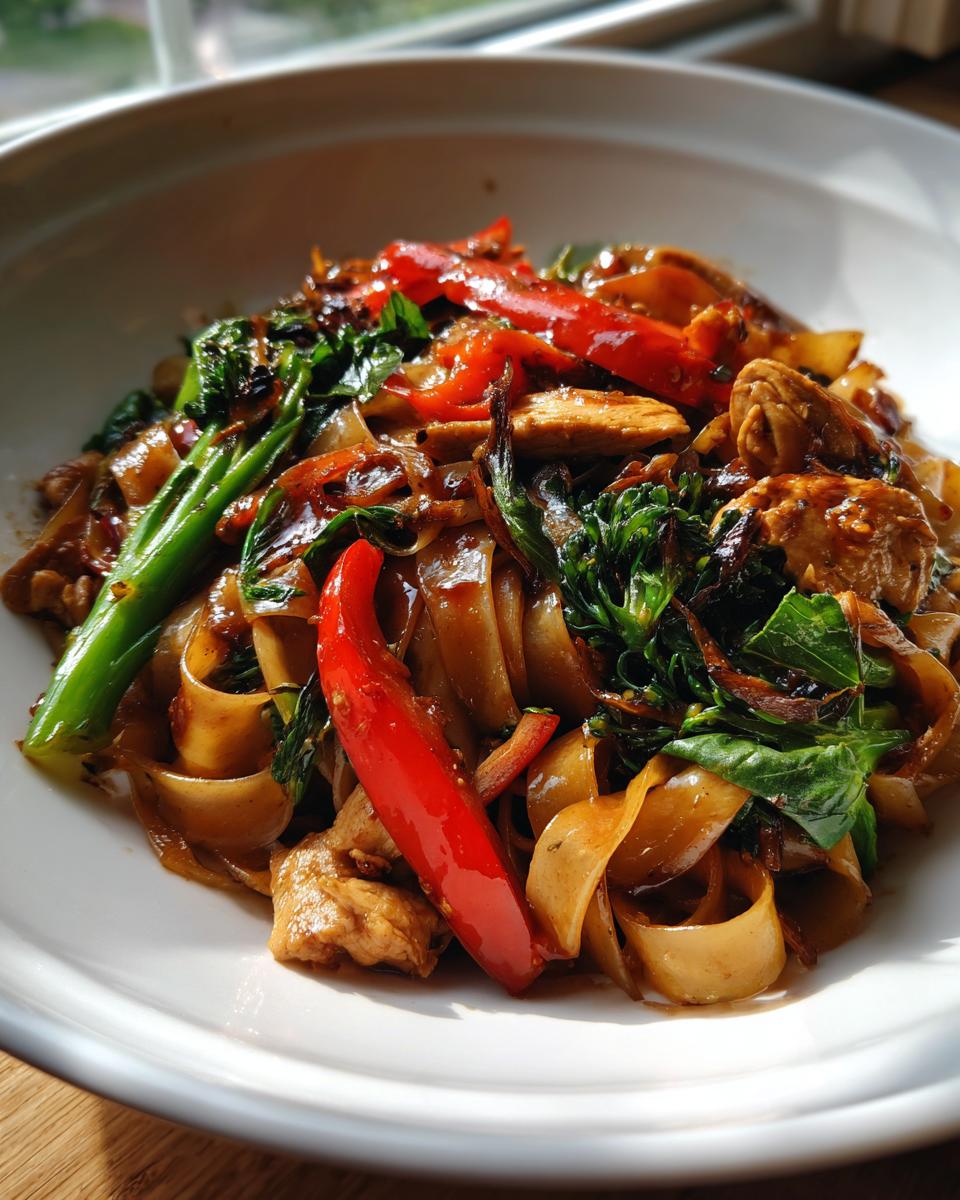 A close-up of glossy, savory street style thai drunken noodles with chicken, red peppers, and greens in a white bowl.