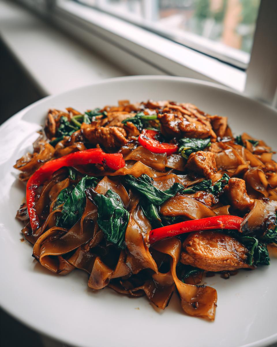 Close-up of glossy, wide rice noodles, chicken, and basil in street style thai drunken noodles on a white plate.