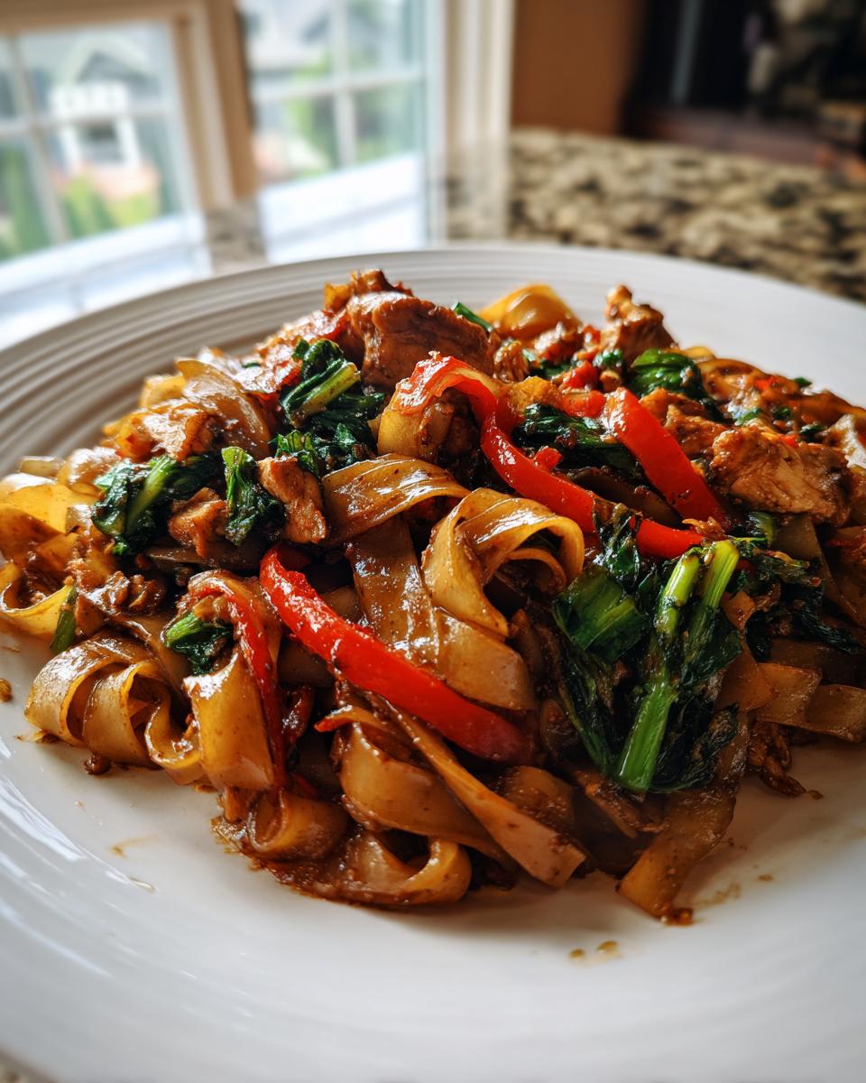A close-up of a serving of street style Thai drunken noodles featuring wide rice noodles, chicken, red peppers, and dark green vegetables.
