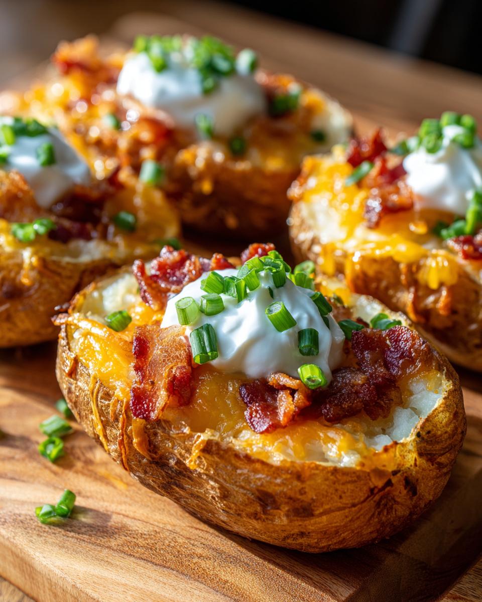 Close-up of delicious stuffed potato skins loaded with melted cheese, bacon bits, sour cream, and chives.