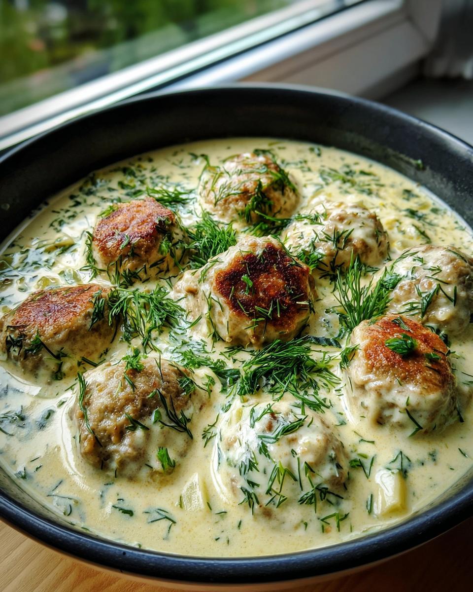 Close-up of seared meatballs submerged in creamy sauce, garnished heavily with fresh dill in a bowl of swedish meatball soup.