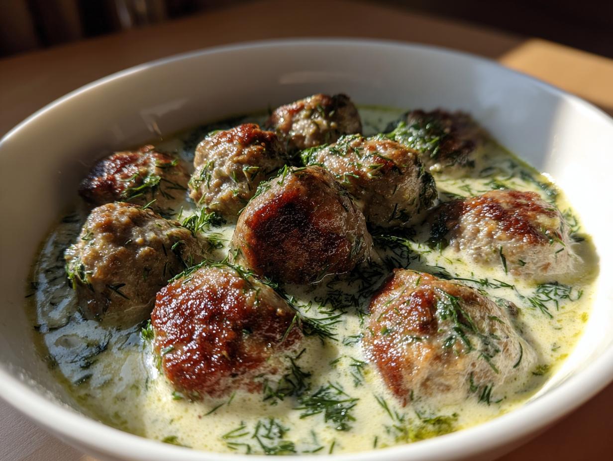 Close-up of browned meatballs served in a creamy sauce generously garnished with fresh dill in a white bowl, featuring swedish meatball soup.
